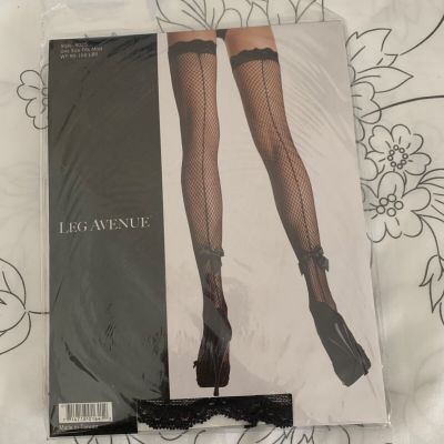 LEG AVENUE BLACK FISHNET BACKSEAM THIGH HIGHS with BLACK SATIN BOW on BACK